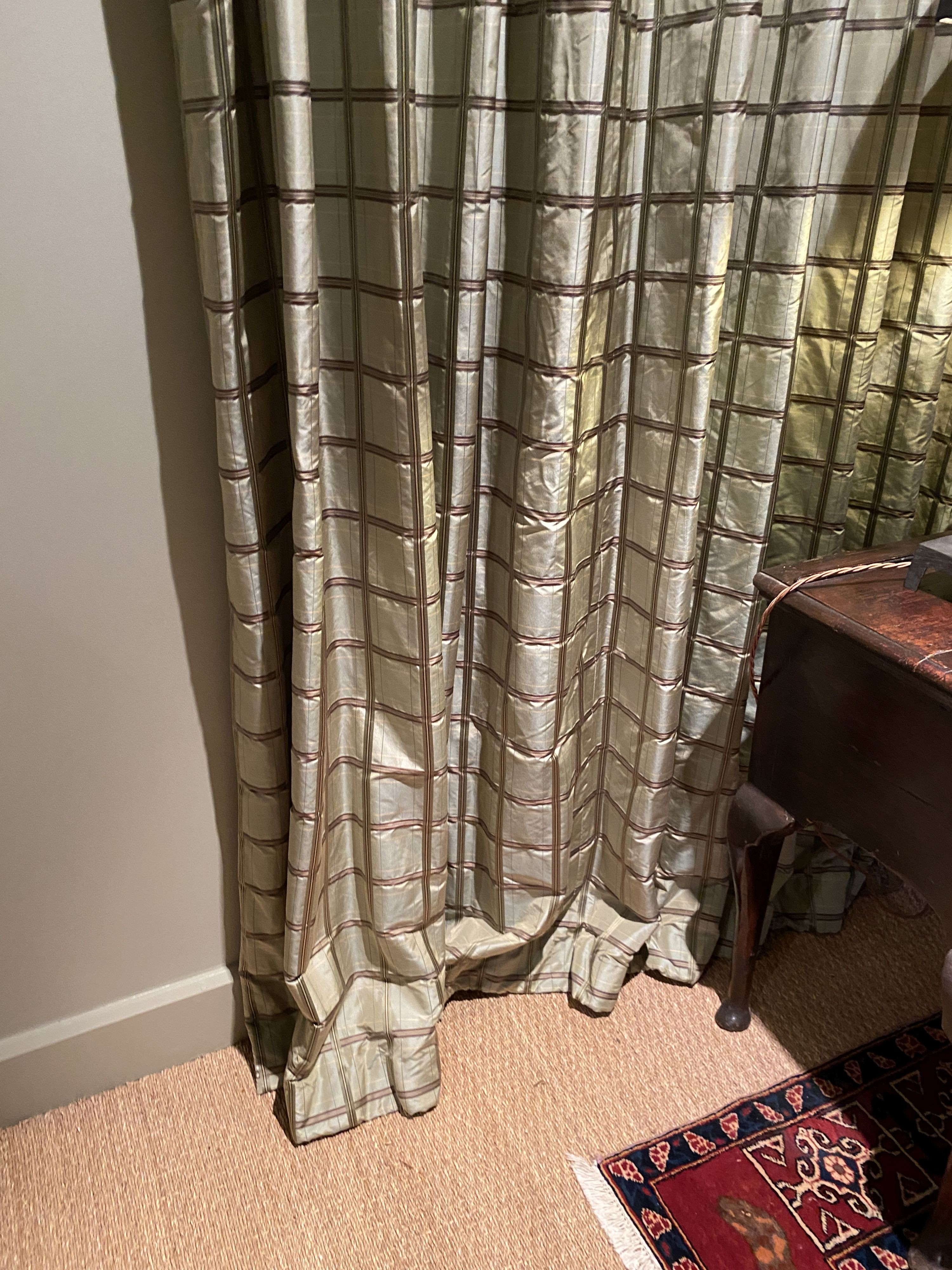 A pair of eau de nil silk curtains with check pattern, drop 207cm, made to fit an aperture of 3m